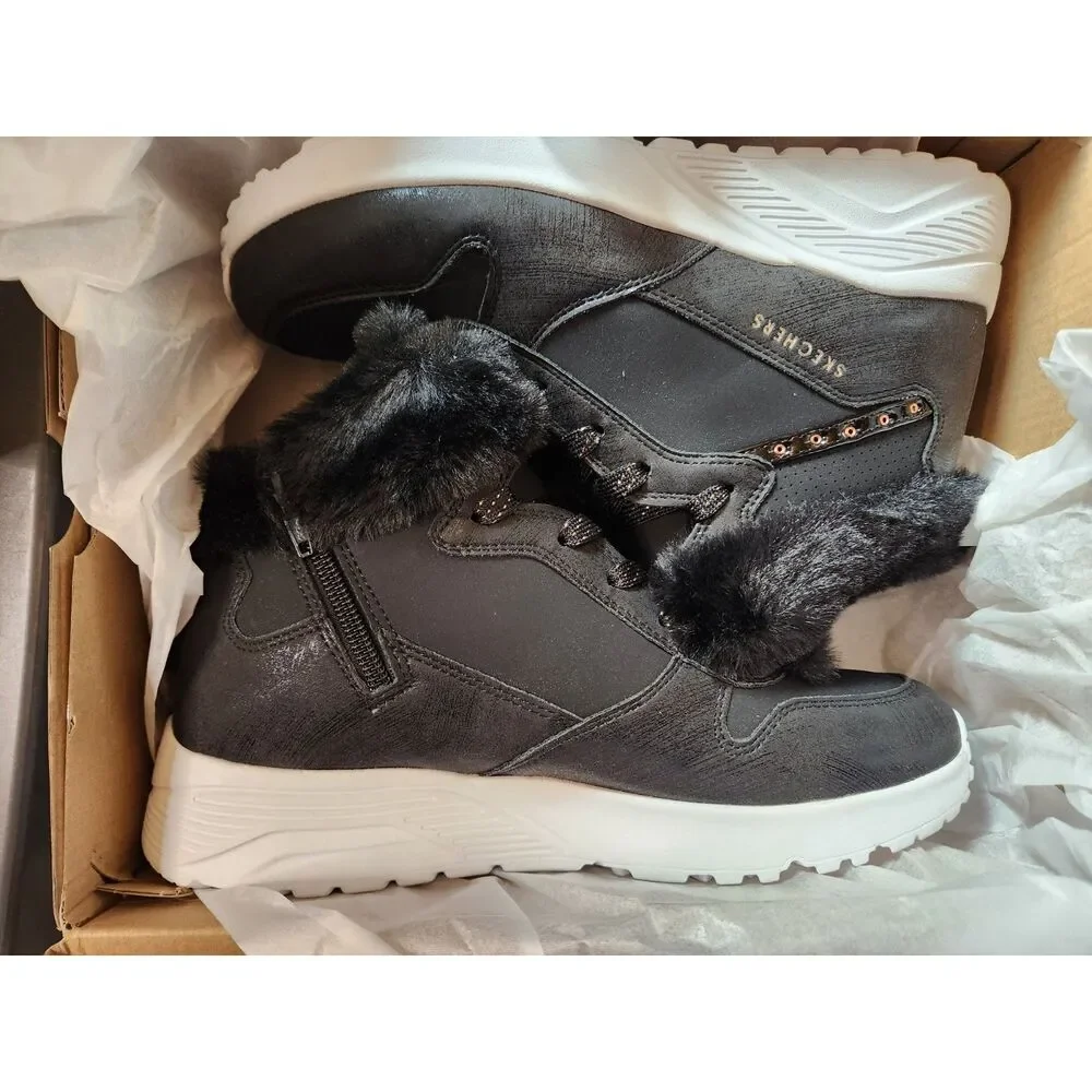Skechers Uno Lite Bootie Youth 6 Black Side‑Zip Memory Foam